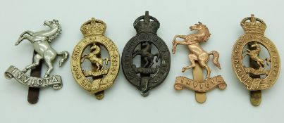 Five British Army West / East Kent Yeomanry metal cap badges