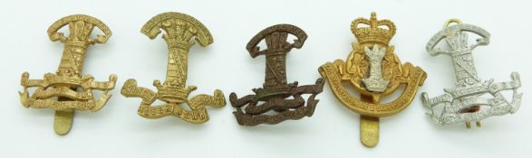 Five British Army Leicestershire Yeomanry metal cap badges including a Leicestershire and Derbyshire