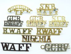 Ten West African Frontier Force metal shoulder titles including Gold Coast