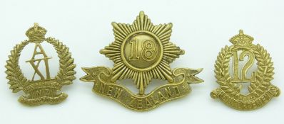 Three New Zealand Army WWI 11th A Company, 12th and 18th Reinforcements metal badges
