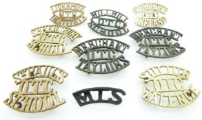 Ten schools/college Sutton Valence, Merchant Taylors, Radley, Mill Hill etc metal shoulder titles