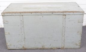 19thC painted pine Grenadier Guards metal bound campaign chest with two pairs of drop handles,