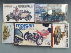 Five plastic model kits including Gakken 1:16 scale Morgan 1935 Super Sport Three Wheeler,