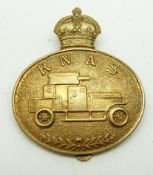 Royal Navy Royal Naval Air Service 'Armoured Car' officer's metal badge, J.R Gaunt London makers,