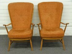 Ercol pair of light elm high back upholstered armchairs, H102cm