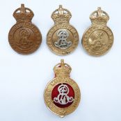 Four British Army Royal Military College officer cadet's Edward VII cap badges