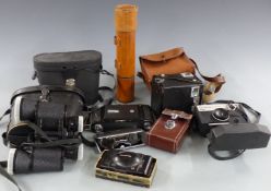 Cameras and bincoulars to include Zeiss Ikon Nettar 515/2, Parker-Hale Surespotter telescope,