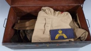 WWII era leather flying trousers, metal trunk, Civil Defence arm band, jacket, an unopened GI ration