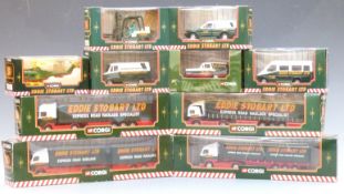 Ten Corgi Eddie Stobart diecast model vehicles including lorries, helicopter, forklifts etc, all