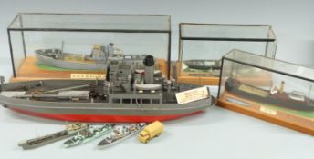 Seven waterline model ships including HMS St Elstan, SS Artifice, HMS Prudent etc, largest 60cm