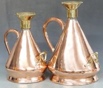 Two copper and brass conical petrol or similar liquid measures, comprising thee and five gallon