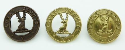 Three British Army Lovat Scouts Yeomanry / Imperial Yeomanry metal badges