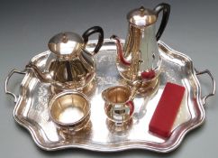 Silver plated teaset on twin handled tray, length 57.5cm together with a cased hallmarked silver