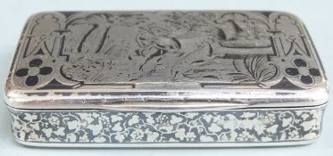 Likely French Niello white metal snuff box with hunting scene to lid and foliate decoration to the