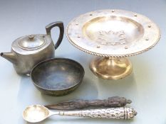 Arts and Crafts style silver plated tazza, Tudric pewter tea pot, Eastern bronze or similar bowl and