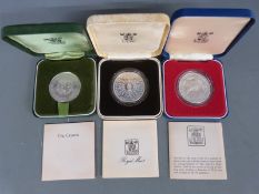 Royal Mint Royal commemorative silver crowns comprising 1972, 1977 and 1980, all cased with