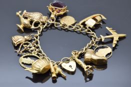 A 9ct gold charm bracelet with thirteen 9ct gold charms including a cat, aeroplane, woodpecker,