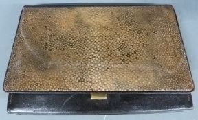 A c1930s shagreen fronted fine leather clutch bag with accessories, 11 x 20cm
