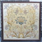 A 19thC gold thread and silk embroidery of poppies in ornate carved oak frame, probably Chinese,