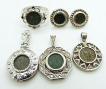 Three silver pendants, earrings and ring all set with 'Widow's Mite' coins