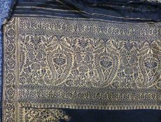Black sari scarf with embroidered gold thread border decorated with a paisley design and gold bead