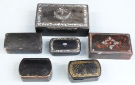 Six 19thC lacquer snuff boxes, length of longest 10cm