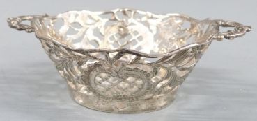 Berthold Muller hallmarked silver pierced twin handled basket, import marks for Chester 1906, length