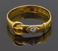Victorian 18ct gold buckle ring set with a diamond, Birmingham 1900, size O, 2.46g