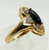 A 9ct gold ring set with a marquise cut Mezezo opal cabochon and white topaz, 3.3g, size N