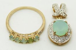 A 9ct gold ring set with round cut Paraiba opals and diamonds and a 9ct gold pendant set with an