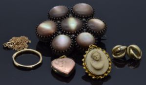 Victorian silver brooch set with mother of pearl cabochons, lava cameo pendant, a pair of yellow