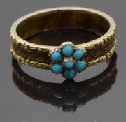 Georgian / Victorian mourning ring set with turquoise in a cluster, the band set with plaited