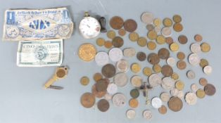 A collection of various coins etc with small silver content, together with an Omega pocket watch