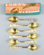 A set of six Russian silver gilt and enamel teaspoons, with 875 Russian silver marks, length 14cm,