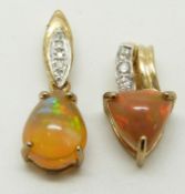 Two 9ct gold pendants set with Indonesian opal cabochons and diamonds