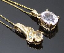 Two 9ct gold pendants, one set with a citrine, emeralds and a diamond and the other morganite,