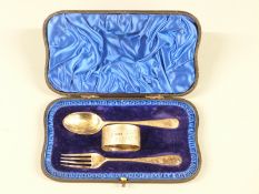 Edward VII cased hallmarked silver spoon, fork and napkin ring set, Sheffield 1905 maker Atkin