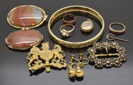 A collection of jewellery including Victorian cut steel buckle, two Victorian agate brooches,