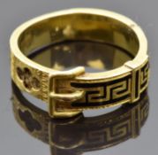 Victorian 18ct gold mourning buckle ring set with plaited hair in sections and with black enamel