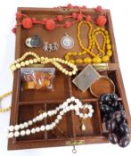 A collection of jewellery including amber, silver pendant and brooch, ivory beads, pearls, beaded
