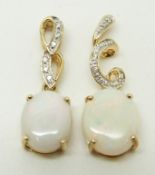 Two 9ct gold pendants set with an oval opal cabochon and diamonds, 2.8g