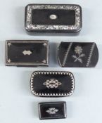 Five 19thC lacquer snuff boxes, length of longest 7.5cm