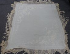 Early 20thC Canton Chinese export cream silk piano shawl with floral brocaded silk corners and