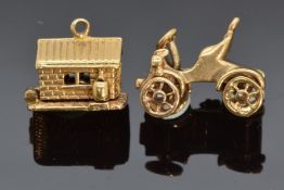 Two 9ct gold charms, one in the form of a garage opening to reveal a car,the other a car, 6.6g