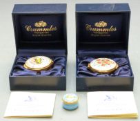 Three hand painted enamel trinket boxes, two in original Crummles display boxes
