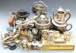 Collection of silver plate to include spirit flask set, wine coaster, silver handled items,