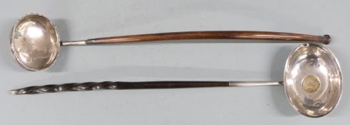 Two Georgian hallmarked silver toddy ladles, one with coin base, London 1796 the other with lion