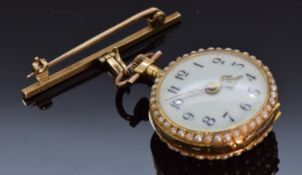 A continental yellow metal fob watch set with seed pearls and rubies, marked 18k, 15g
