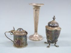 Hallmarked silver pepper, hallmarked silver mustard and a trumpet vase marked Sterling, weight