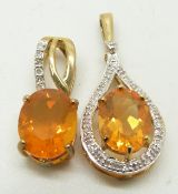 Two 9ct gold pendants each set with a fire opal and diamonds, 3g